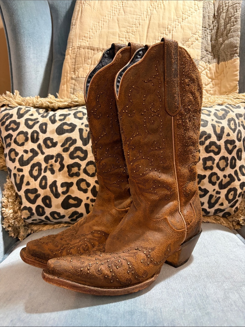 J.B. Dillon Brown Suede Embellished Lace Up Cowboy Boots